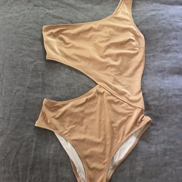 Solid and Striped Tan one sleeved Bathing suit - Picture 1 of 3
